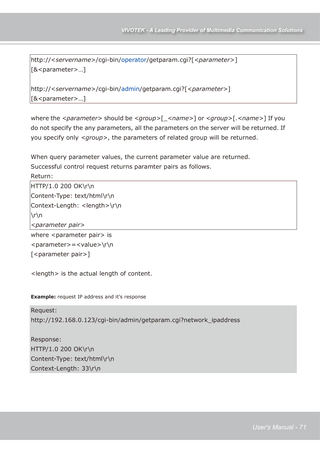 Vivotek IP7139 manual Parameter pair 