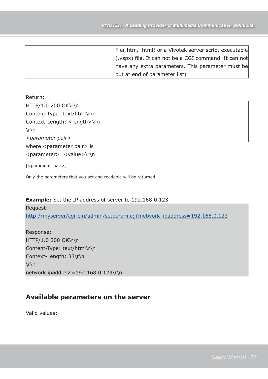 Vivotek IP7139 manual Available parameters on the server, Where parameter pair is parameter=value\r\n 