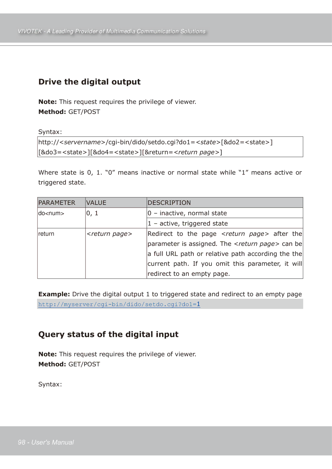 Vivotek IP7139 manual Drive the digital output, Query status of the digital input 