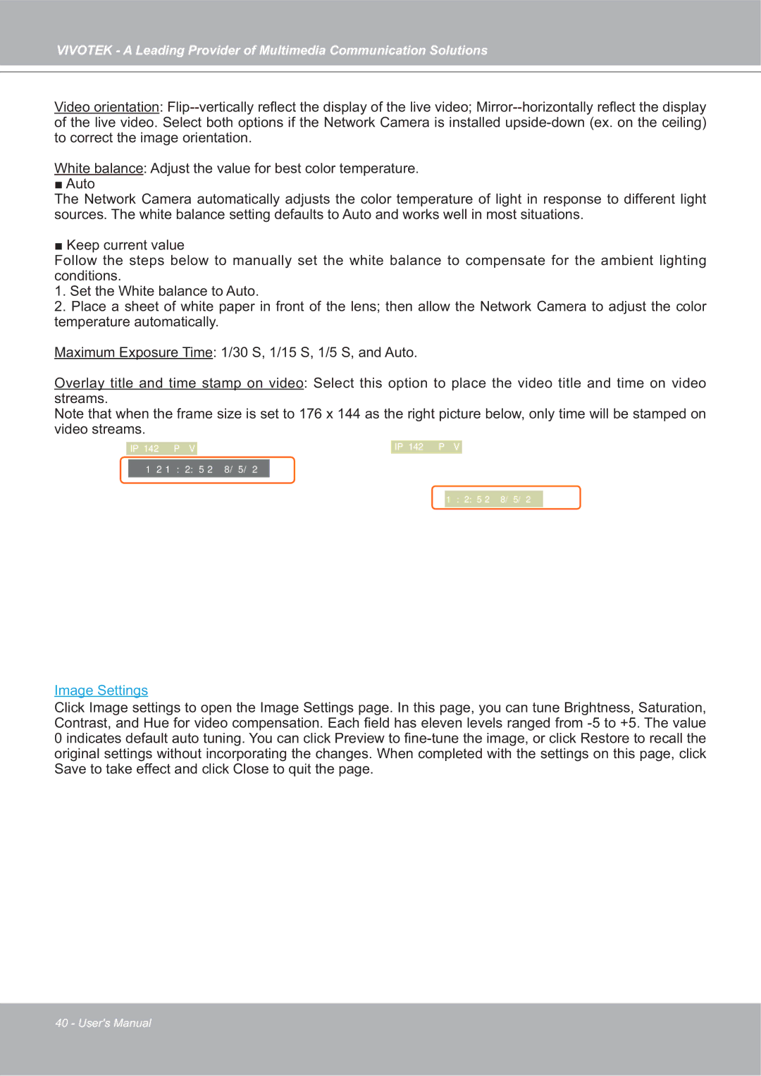 Vivotek IP7142 manual Image Settings 