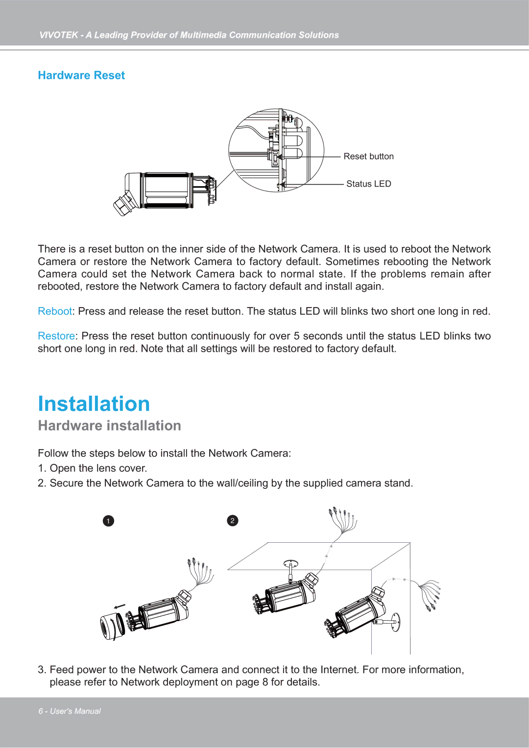 Vivotek IP7142 manual Hardware installation, Hardware Reset 