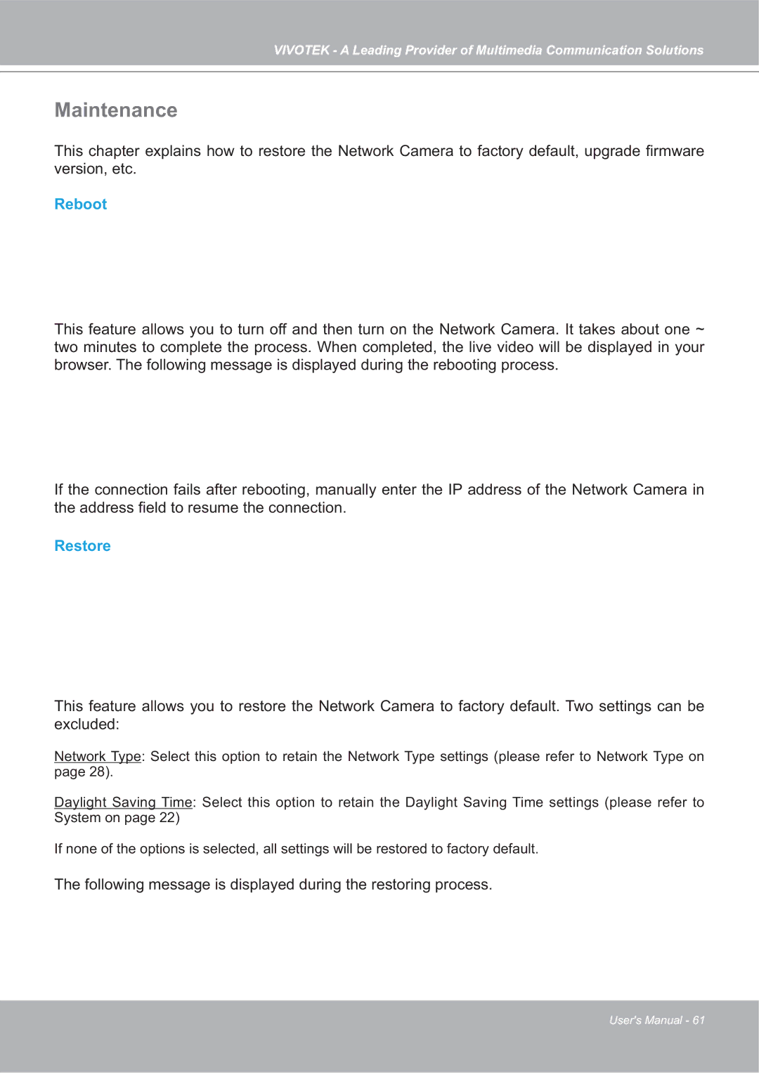 Vivotek IP7142 manual Maintenance, Reboot, Restore 
