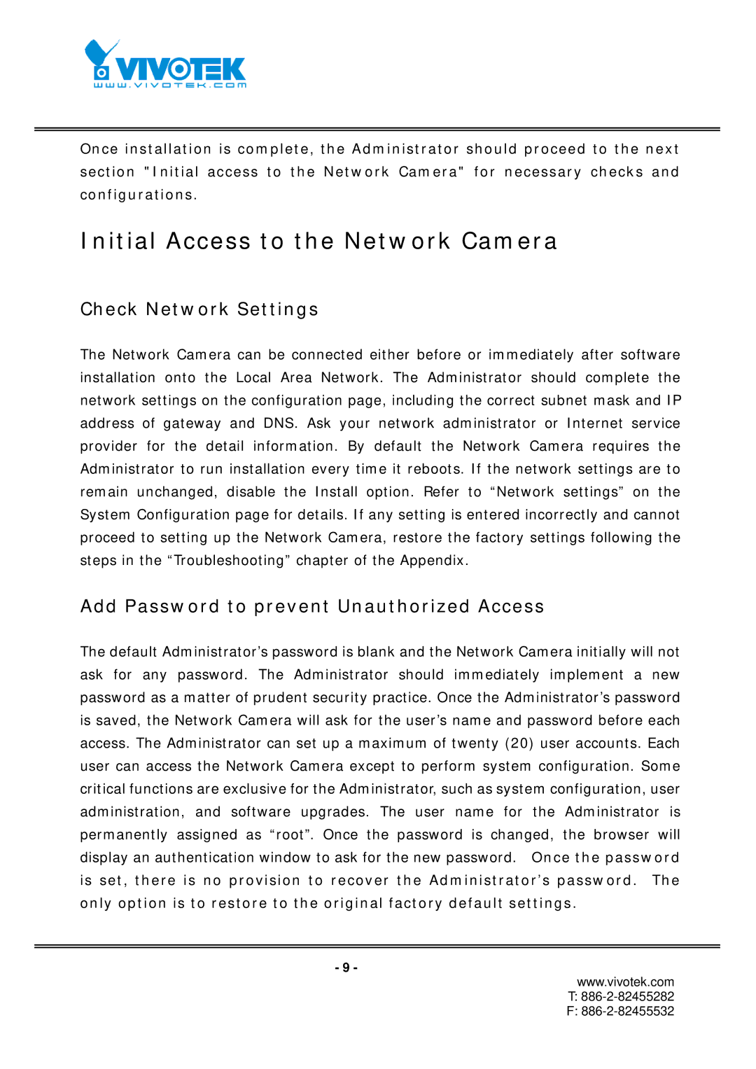 Vivotek IP7152 Initial Access to the Network Camera, Check Network Settings, Add Password to prevent Unauthorized Access 