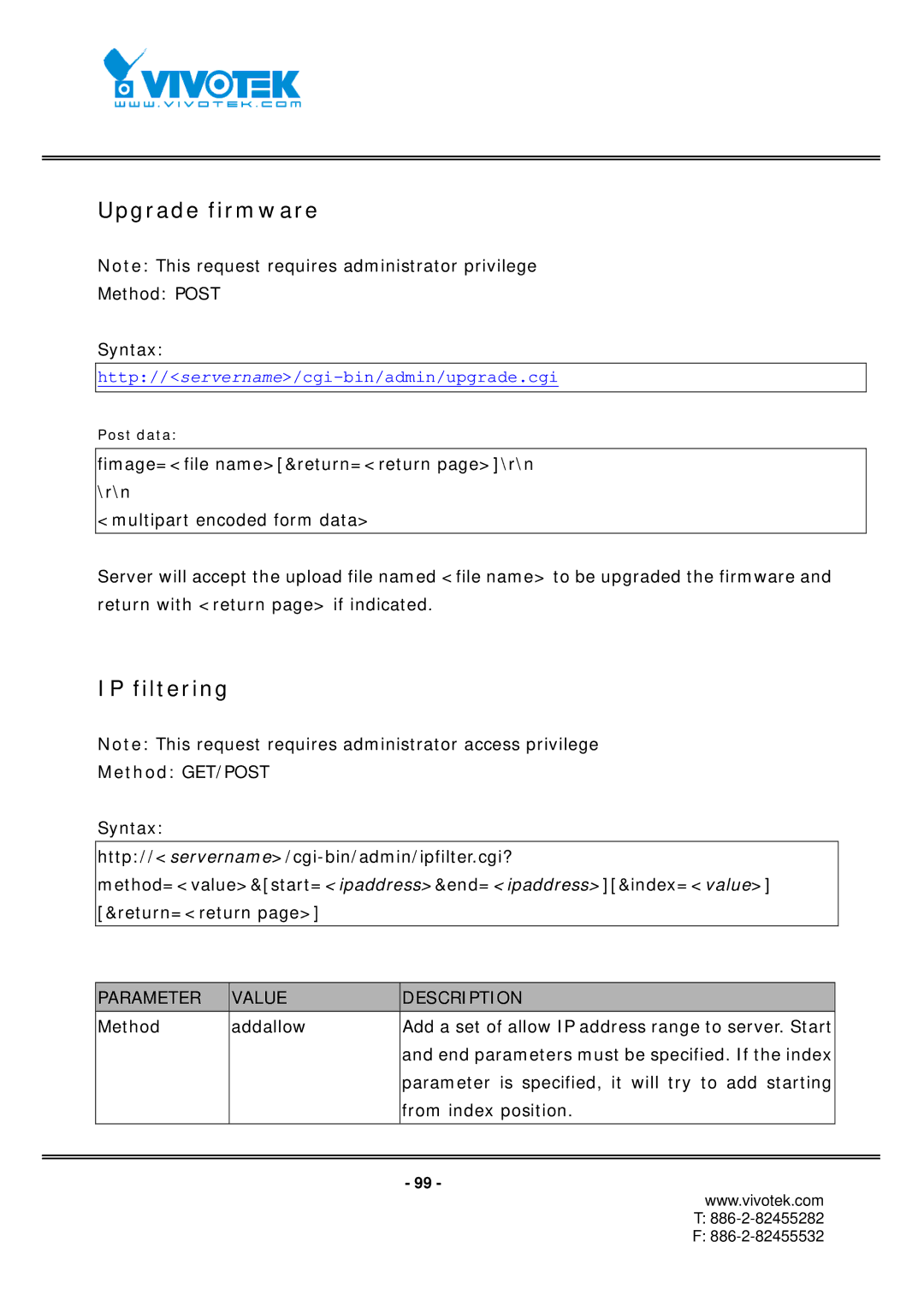 Vivotek IP7152, IP7151 manual Upgrade firmware, IP filtering 