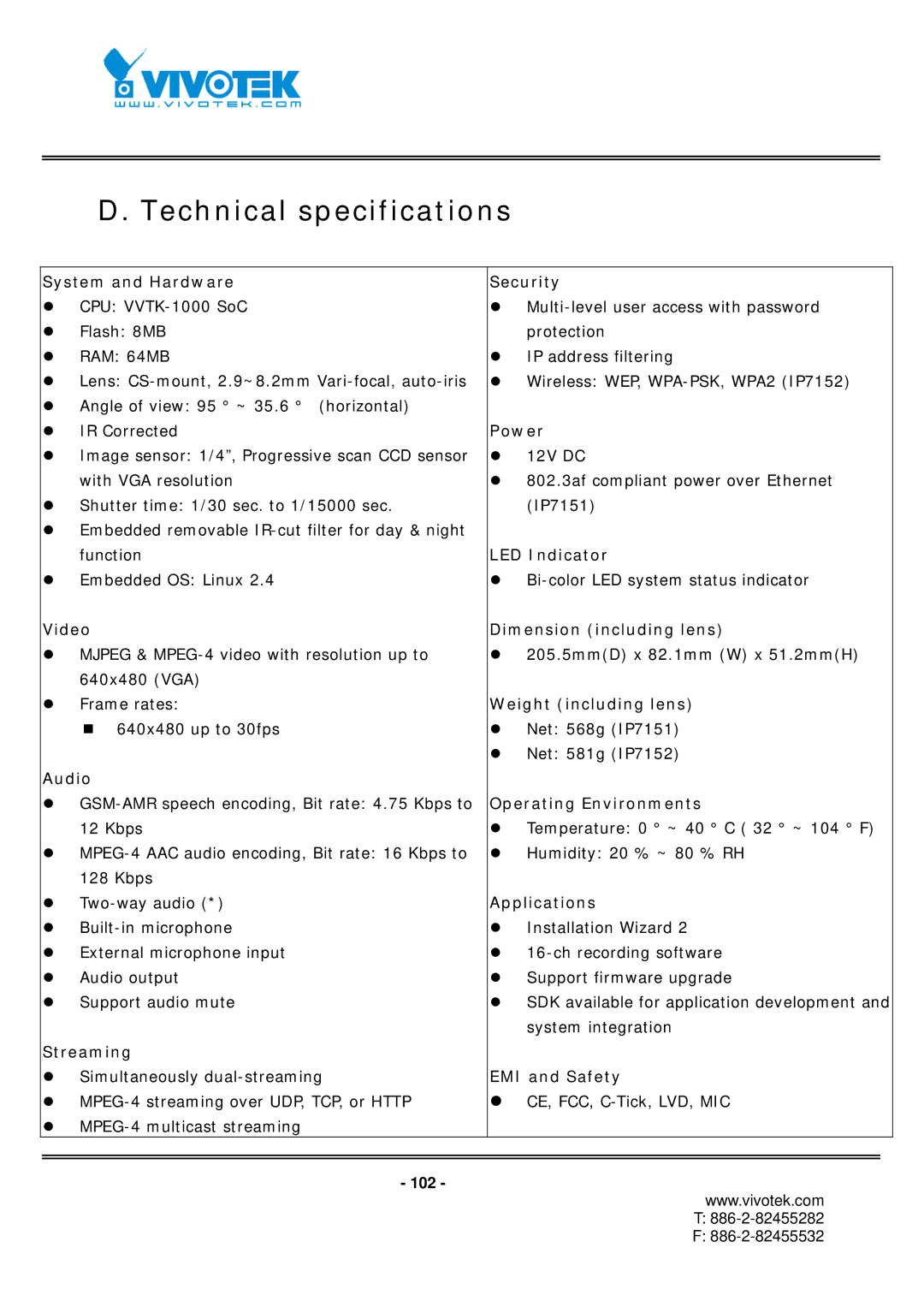 Vivotek IP7151, IP7152 manual Technical specifications, System and Hardware 