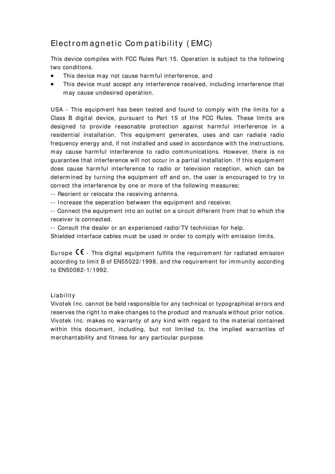 Vivotek IP7152, IP7151 manual Electromagnetic Compatibility EMC, Liability 