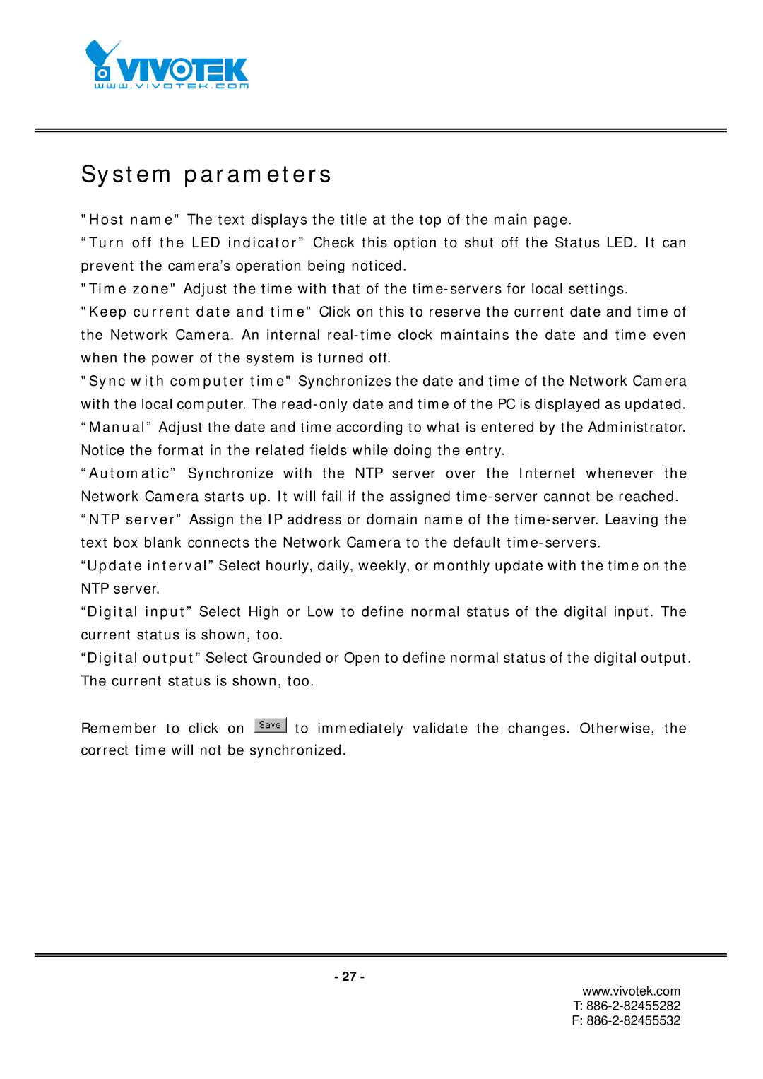 Vivotek IP7152, IP7151 manual System parameters 