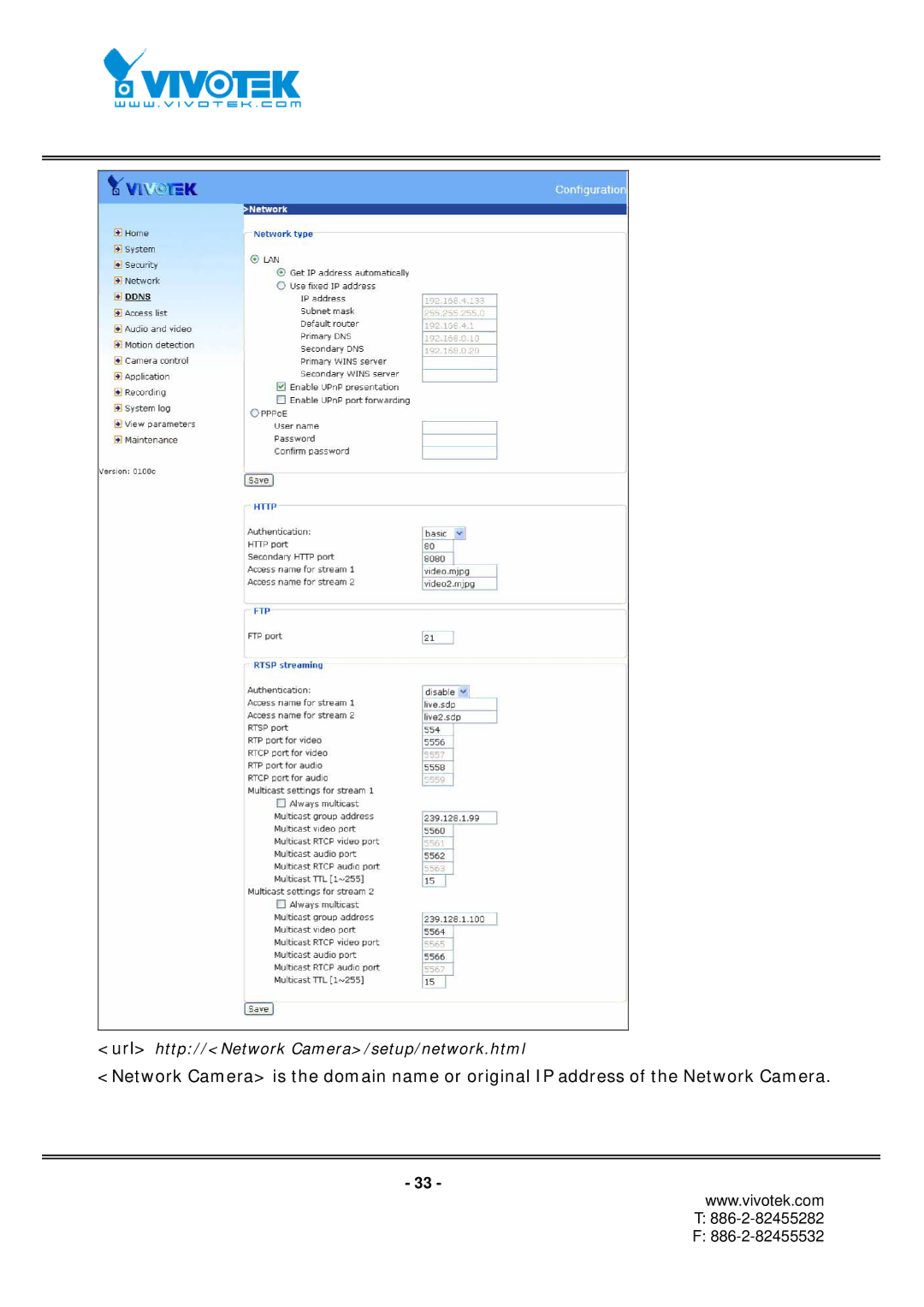 Vivotek IP7152, IP7151 manual Url http//Network Camera/setup/network.html 