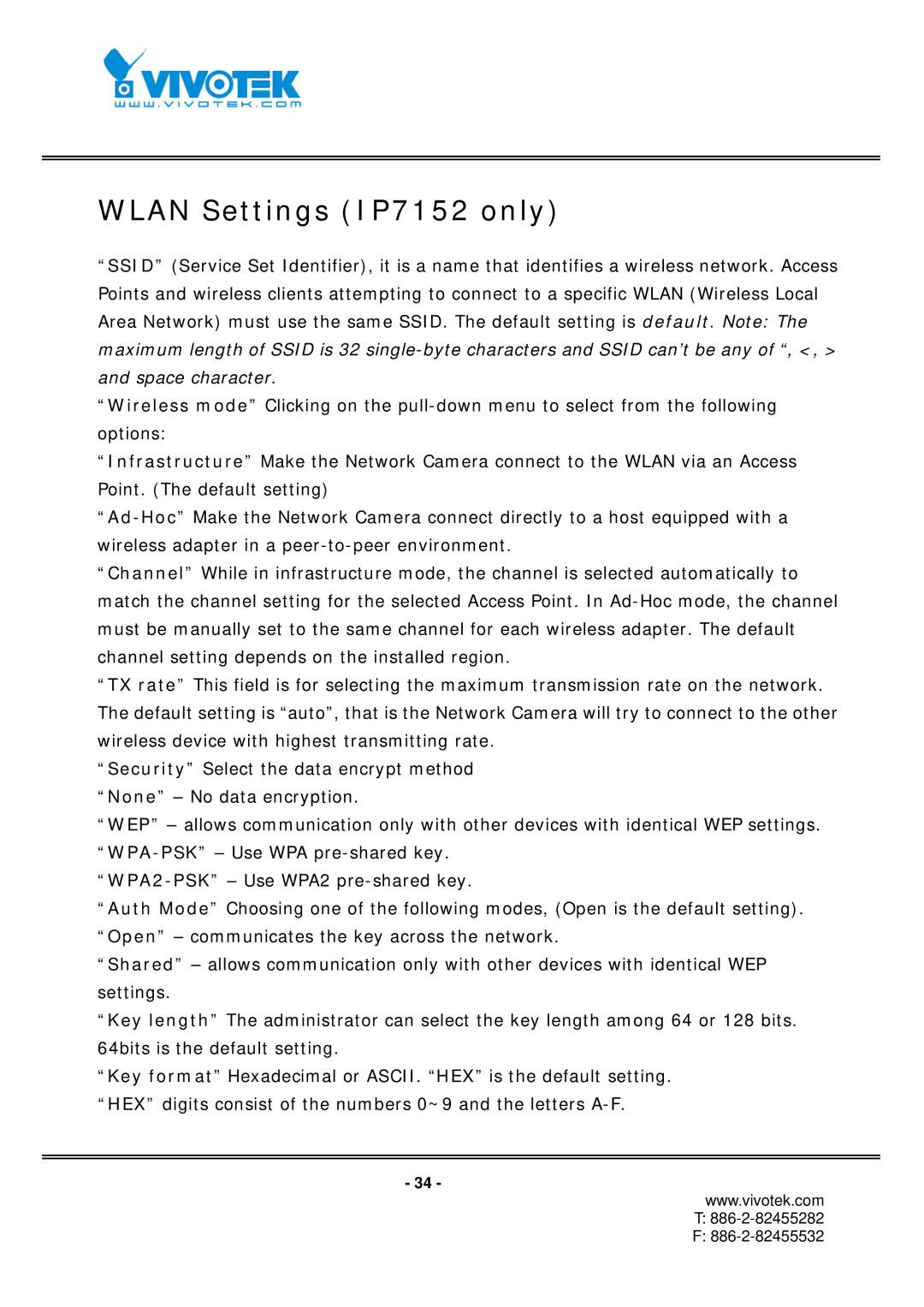 Vivotek IP7151 manual Wlan Settings IP7152 only 