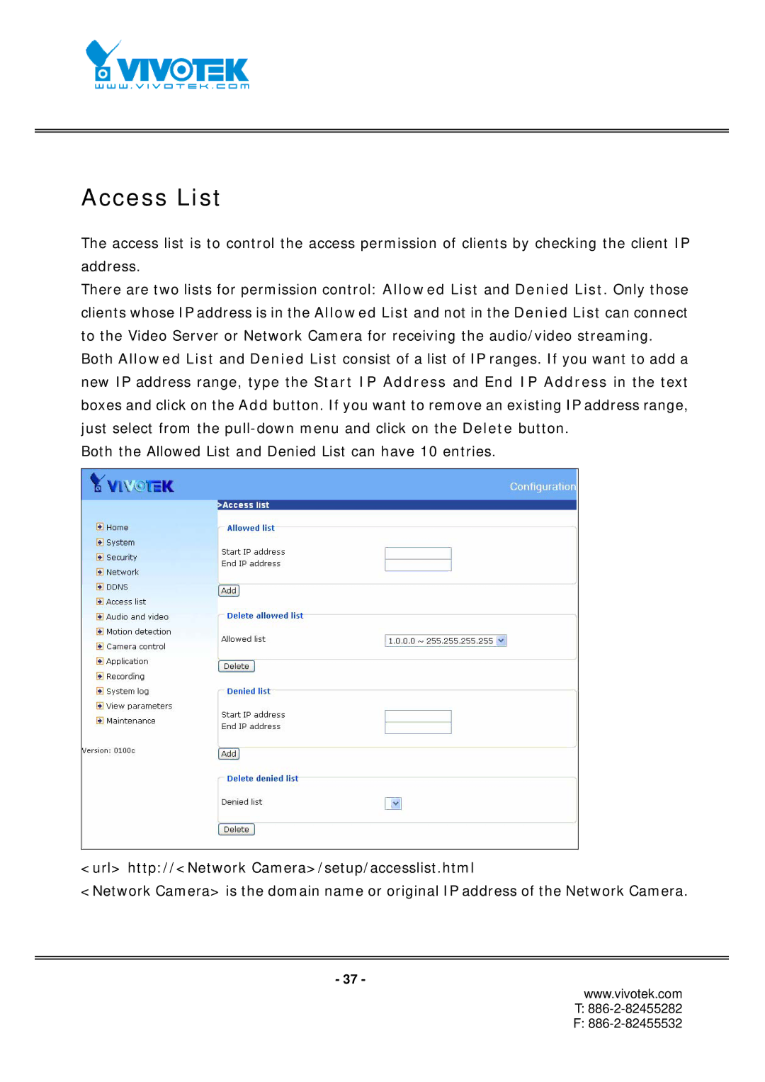 Vivotek IP7152, IP7151 manual Access List 