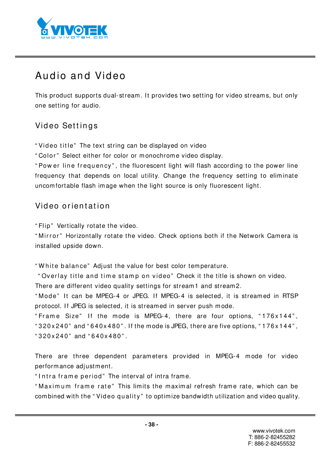 Vivotek IP7151, IP7152 manual Audio and Video, Video Settings, Video orientation 