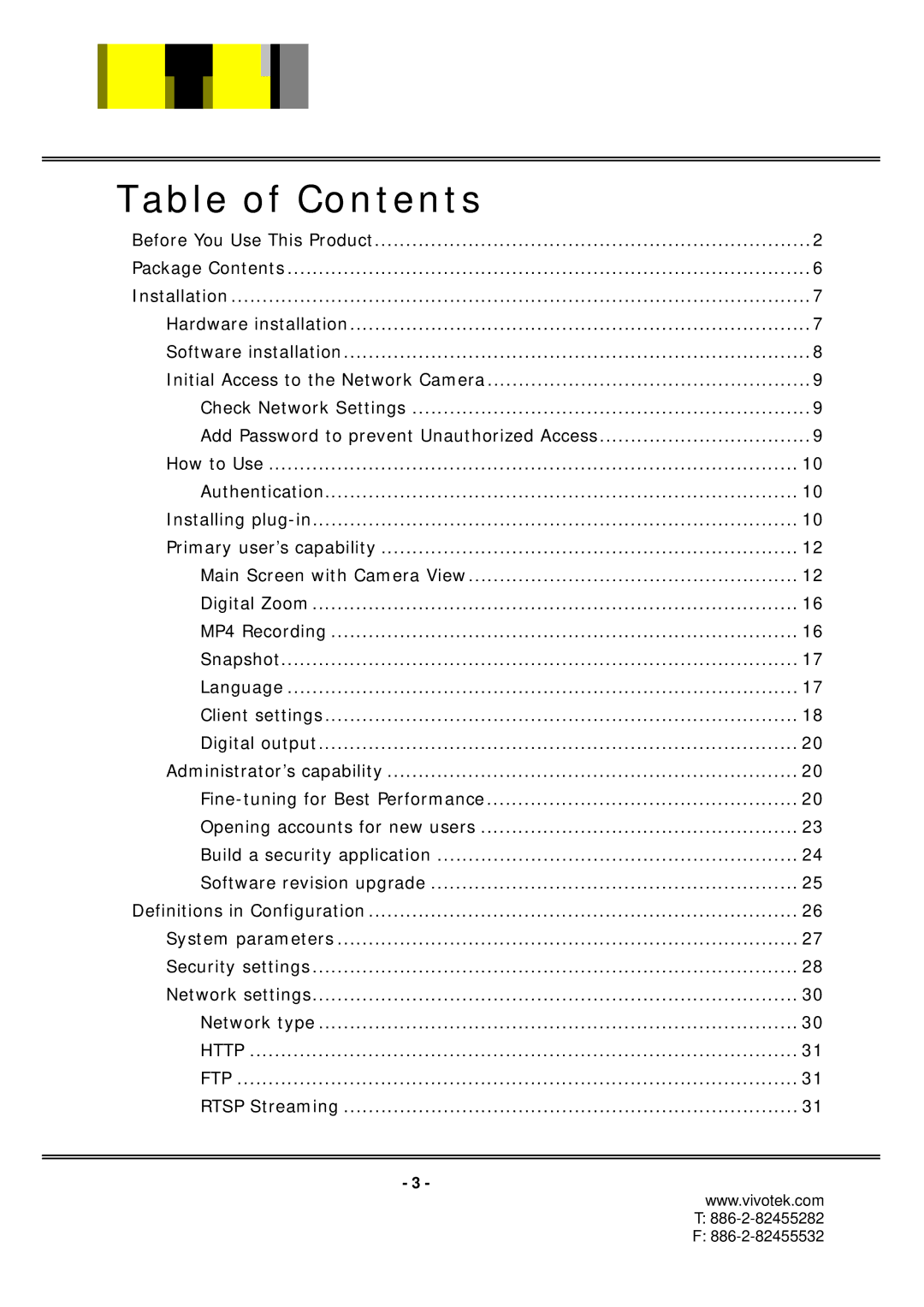 Vivotek IP7152, IP7151 manual Table of Contents 