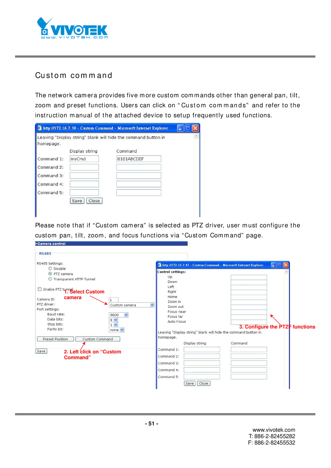 Vivotek IP7152, IP7151 manual Custom command 