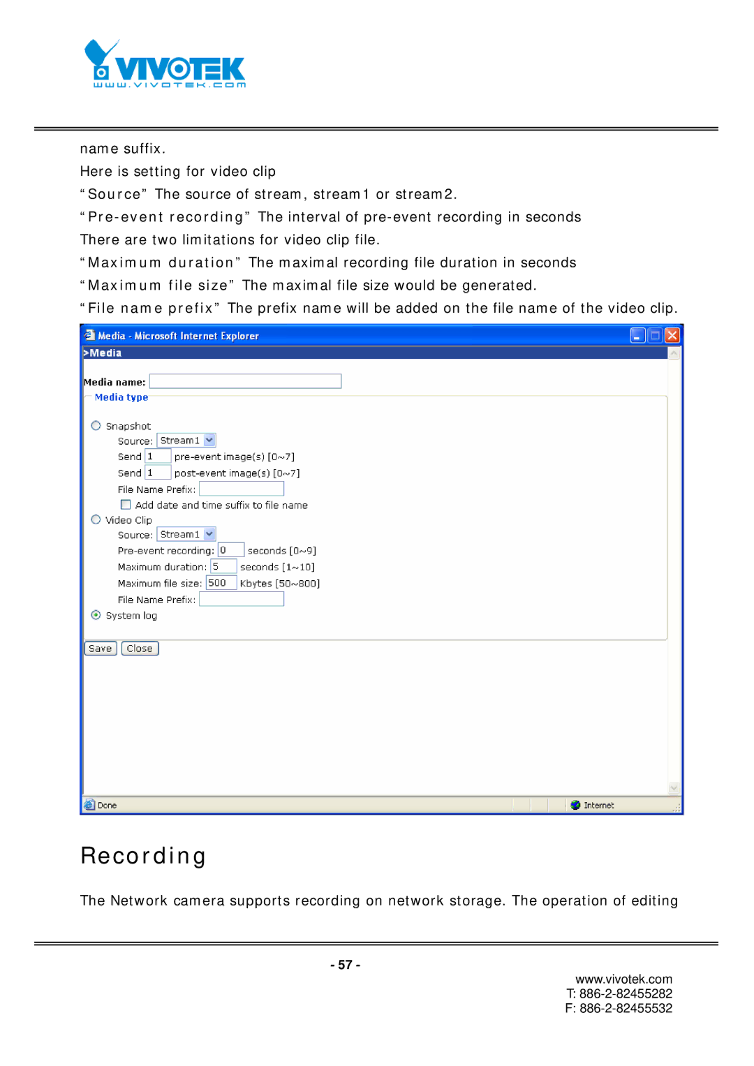 Vivotek IP7152, IP7151 manual Recording 