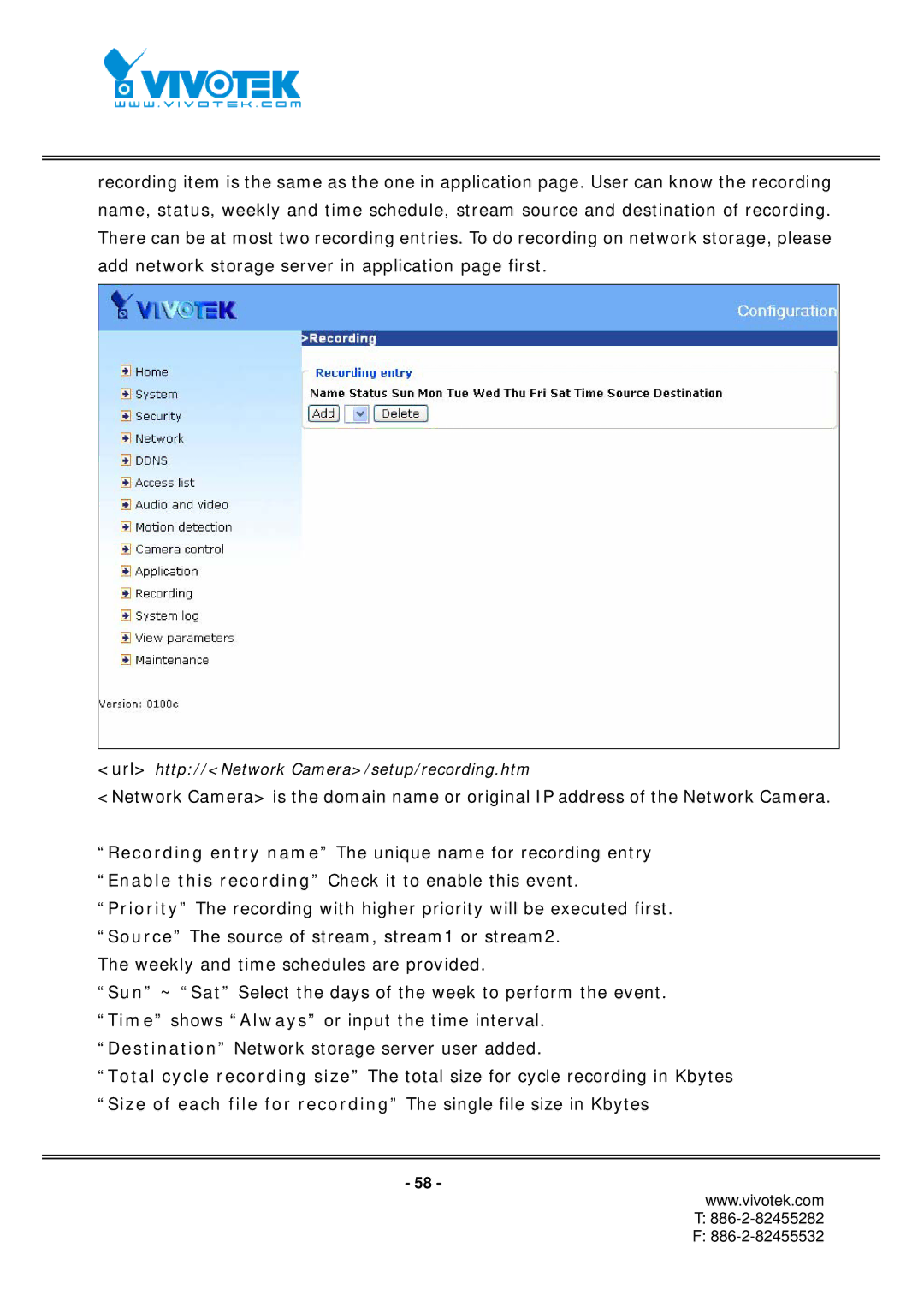 Vivotek IP7151, IP7152 manual Url http//Network Camera/setup/recording.htm 