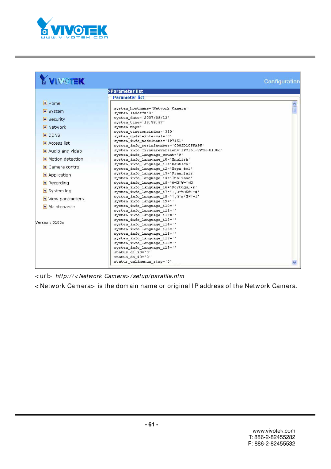 Vivotek IP7152, IP7151 manual Url http//Network Camera/setup/parafile.htm 