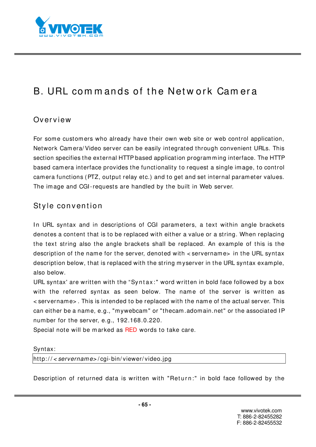 Vivotek IP7152, IP7151 manual URL commands of the Network Camera, Overview, Style convention 