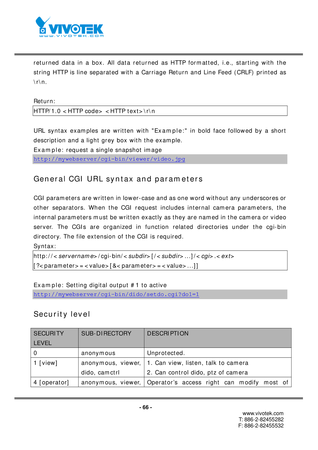 Vivotek IP7151, IP7152 manual General CGI URL syntax and parameters, Security level 