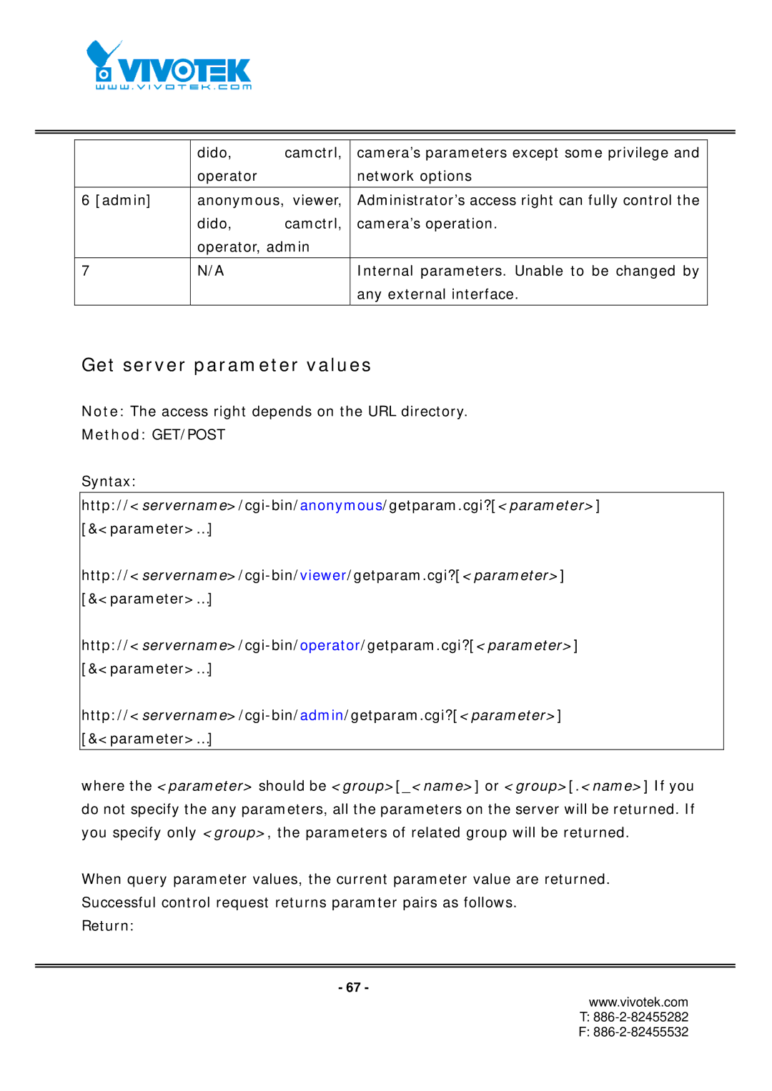 Vivotek IP7152, IP7151 manual Get server parameter values, Method GET/POST 