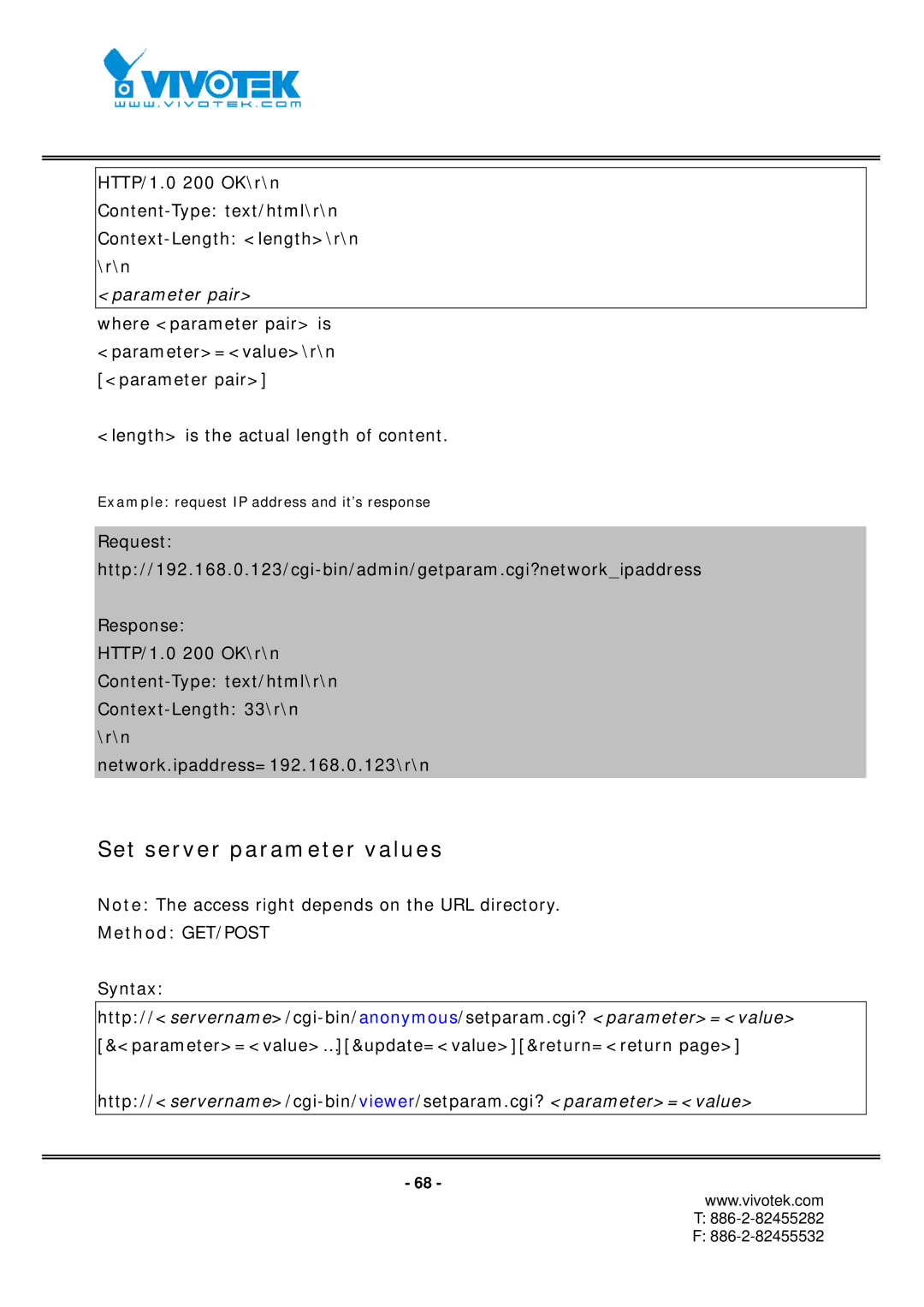 Vivotek IP7151, IP7152 manual Set server parameter values, Parameter pair 