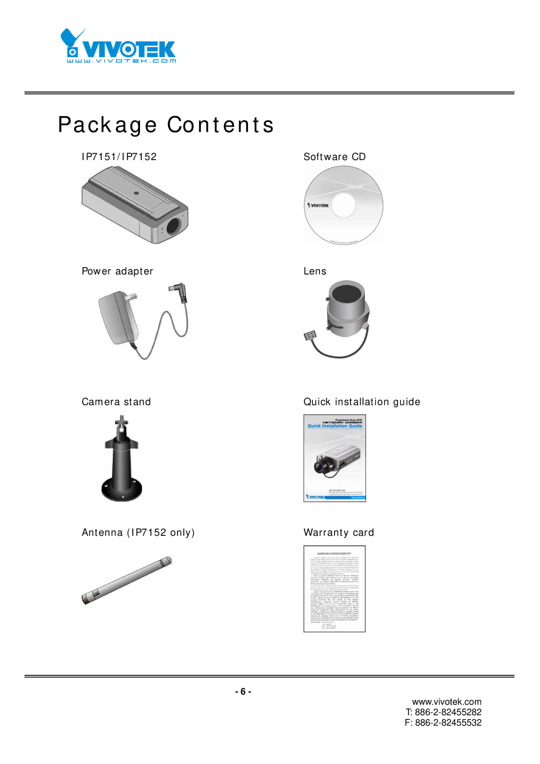 Vivotek IP7151, IP7152 manual Package Contents 