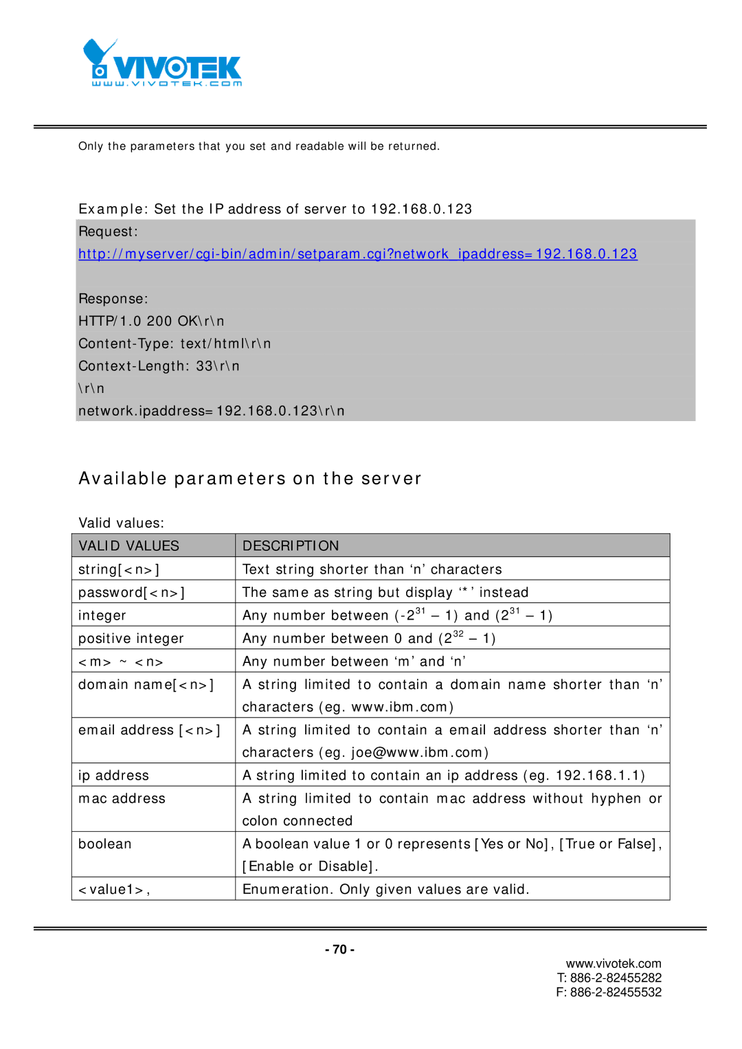 Vivotek IP7151, IP7152 manual Available parameters on the server, Valid Values Description 