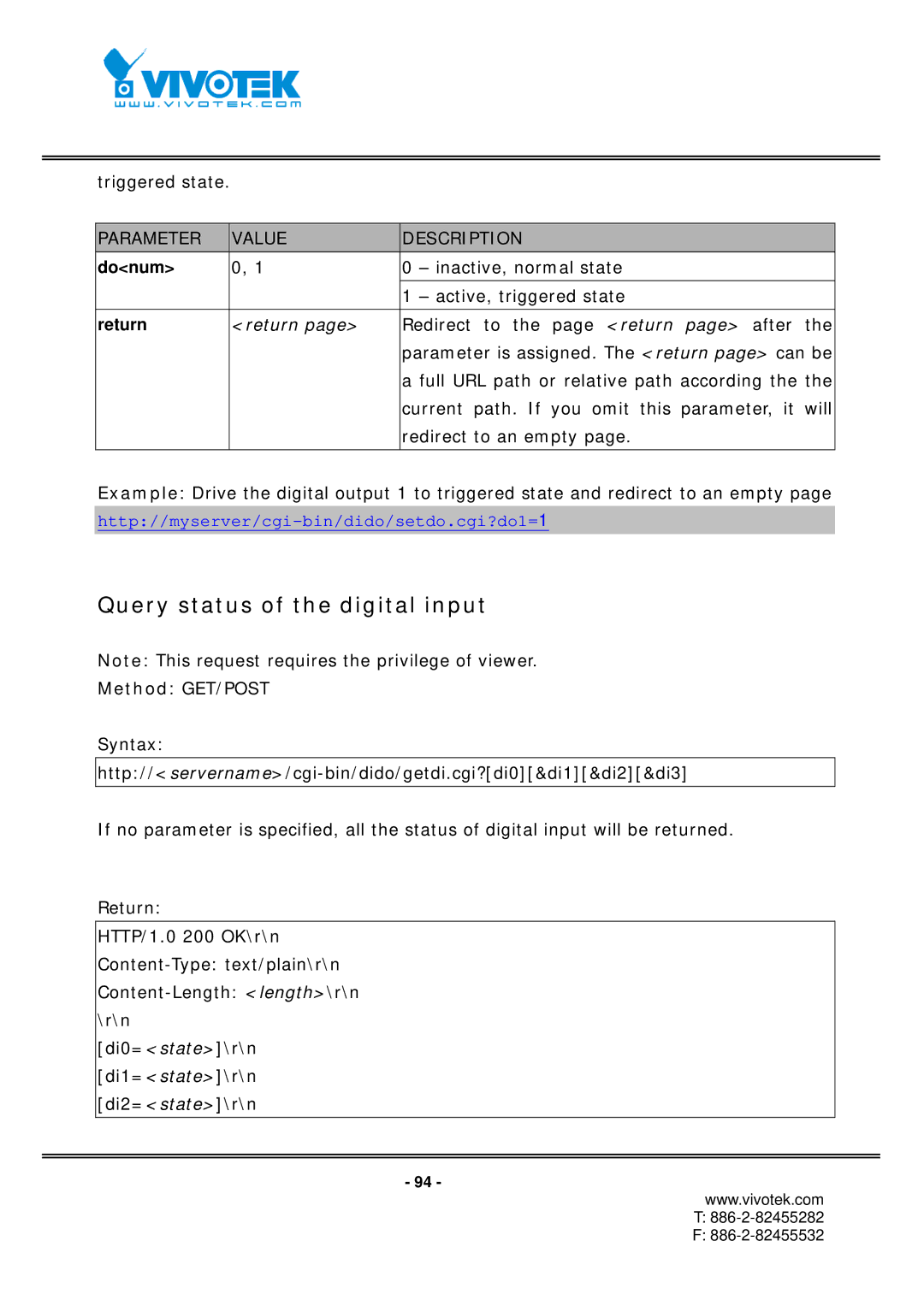 Vivotek IP7151, IP7152 manual Query status of the digital input 