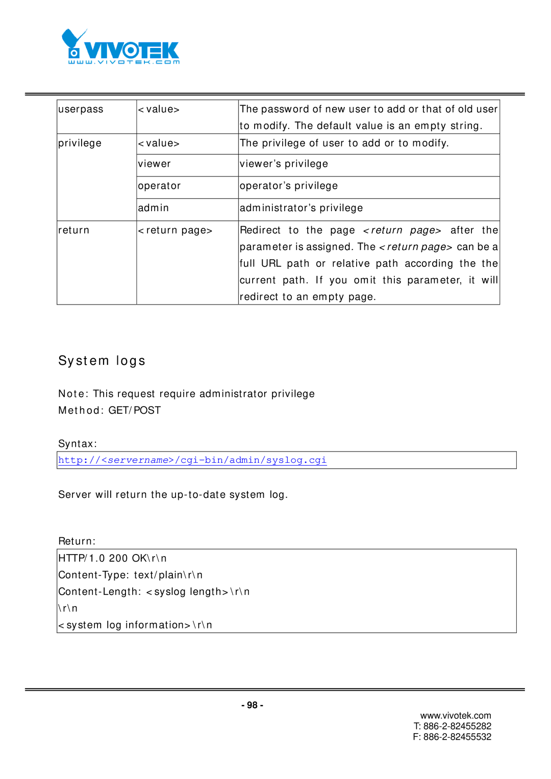 Vivotek IP7151, IP7152 manual System logs 