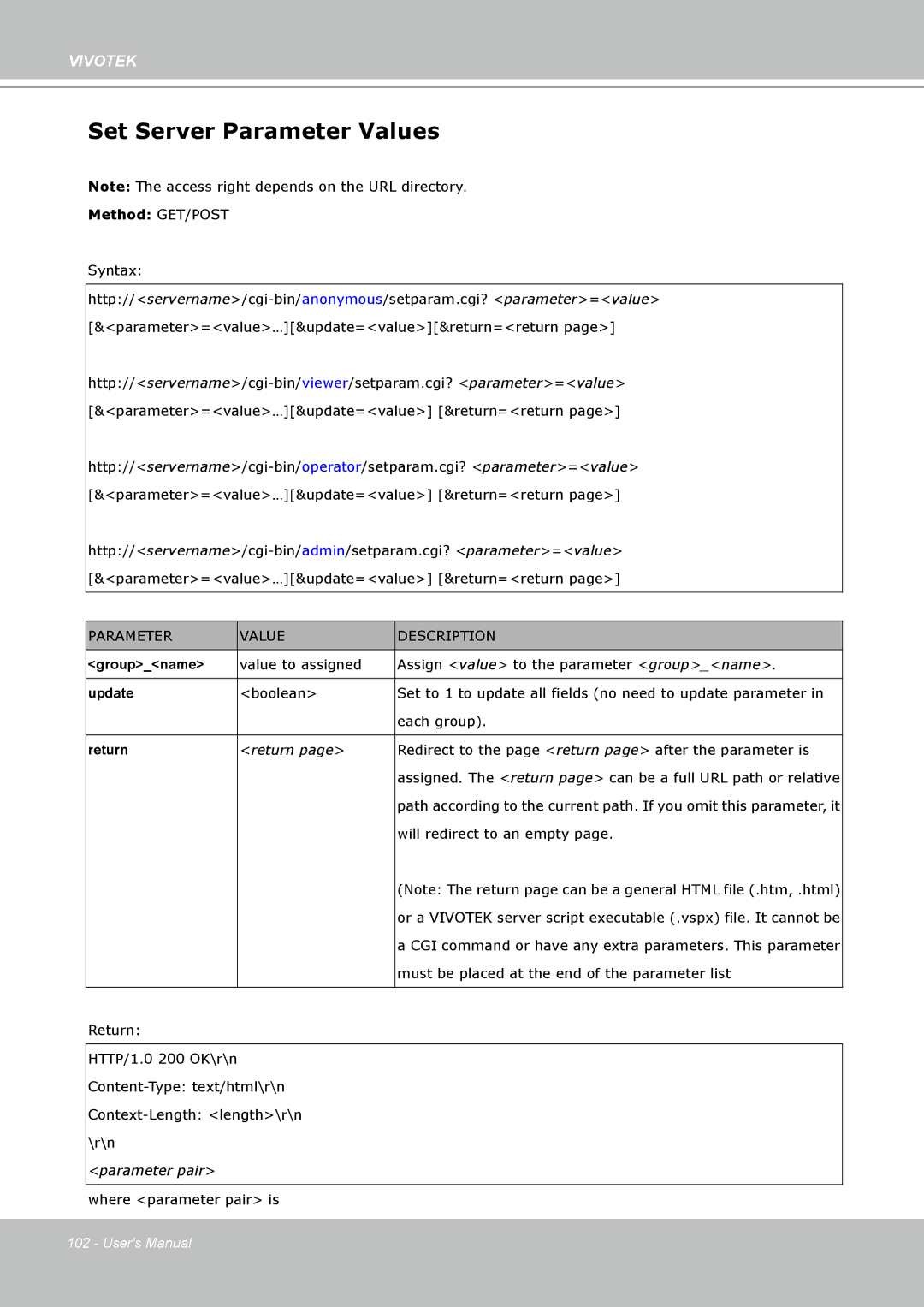 Vivotek IP7160 manual Set Server Parameter Values, Return 