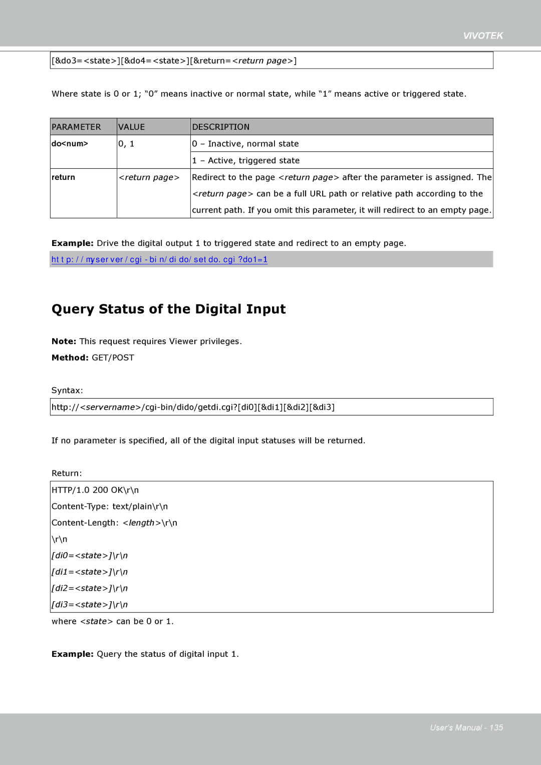 Vivotek IP7160 manual Query Status of the Digital Input 