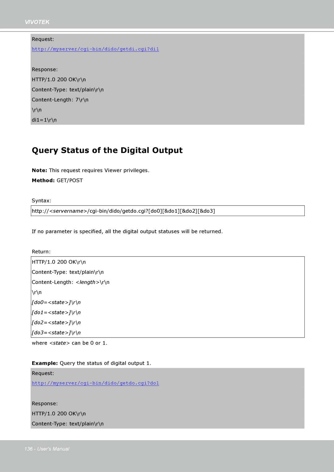 Vivotek IP7160 manual Query Status of the Digital Output, Do0=state\r\n Do1=state\r\n Do2=state\r\n Do3=state\r\n 