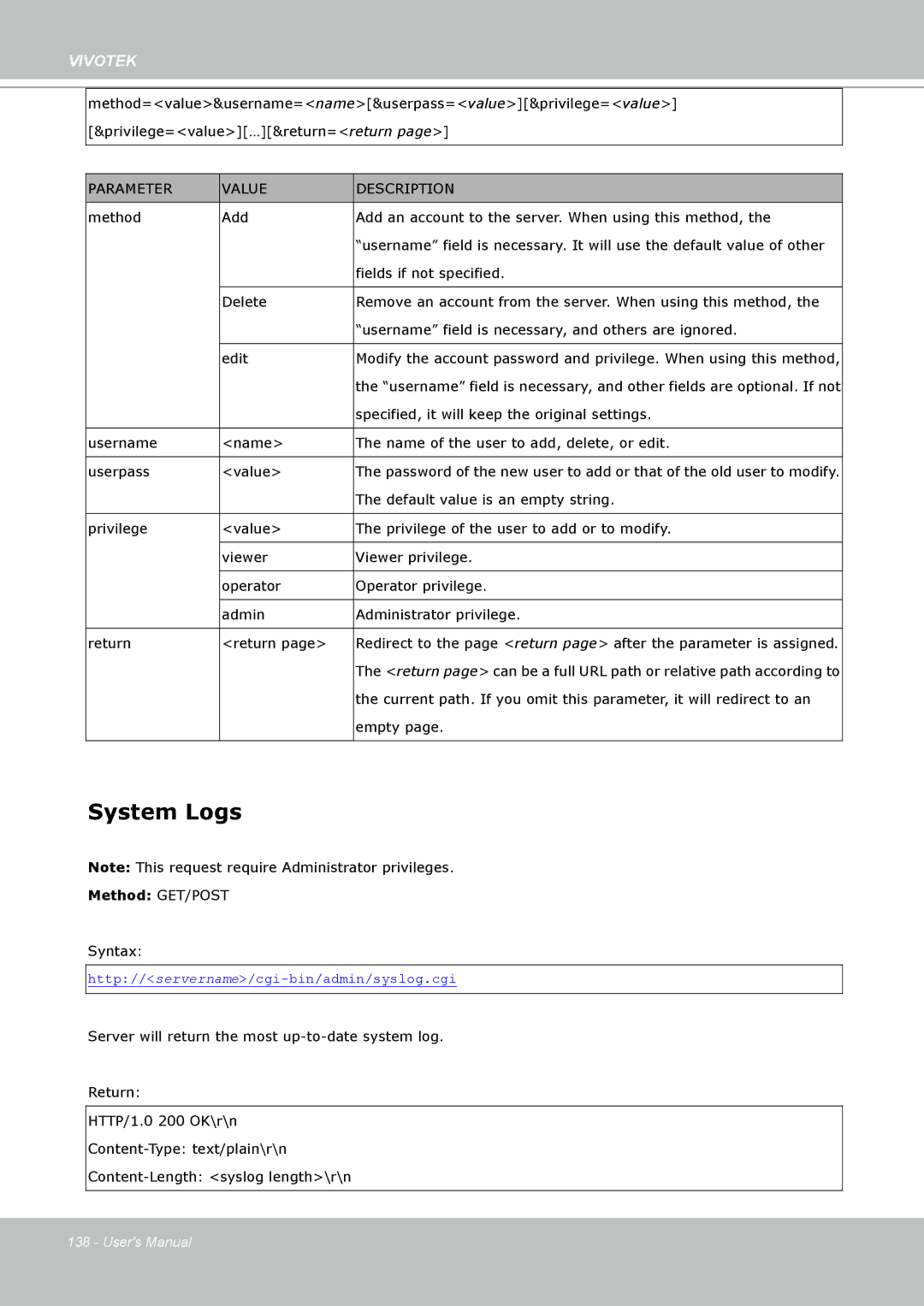 Vivotek IP7160 manual System Logs 