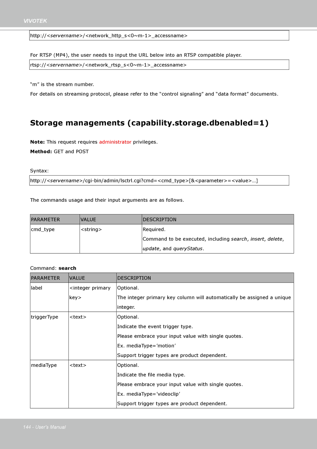 Vivotek IP7160 manual Storage managements capability.storage.dbenabled=1, Update, and queryStatus 