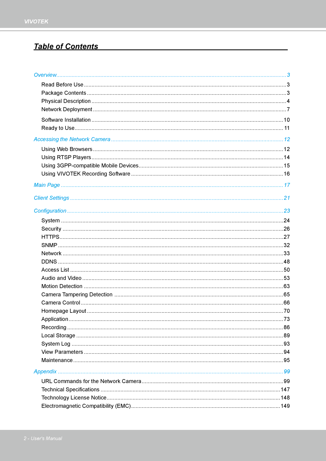 Vivotek IP7160 manual Table of Contents 