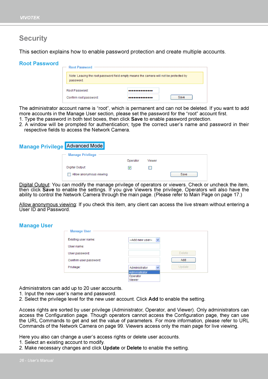 Vivotek IP7160 manual Security, Root Password, Manage Privilege, Manage User 