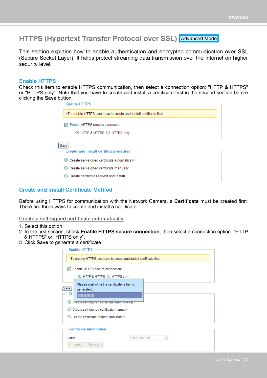 Vivotek IP7160 manual Https Hypertext Transfer Protocol over SSL, Enable Https, Create and Install Certificate Method 