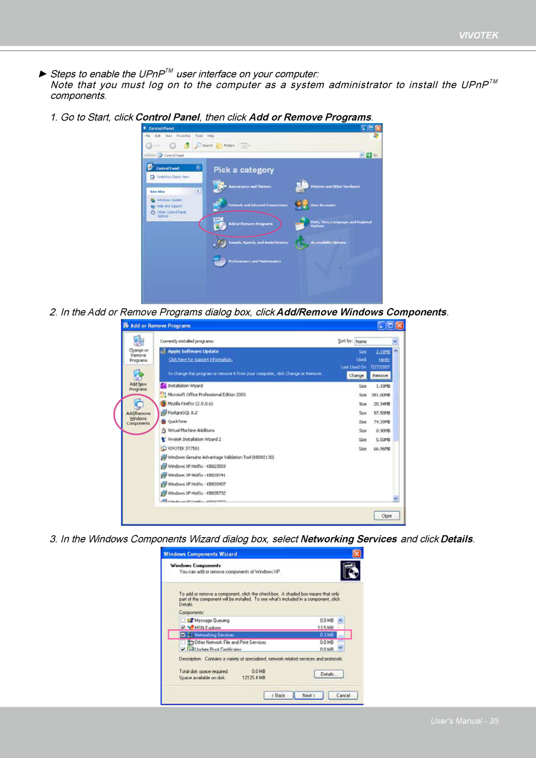 Vivotek IP7160 manual Steps to enable the UPnPTM user interface on your computer 