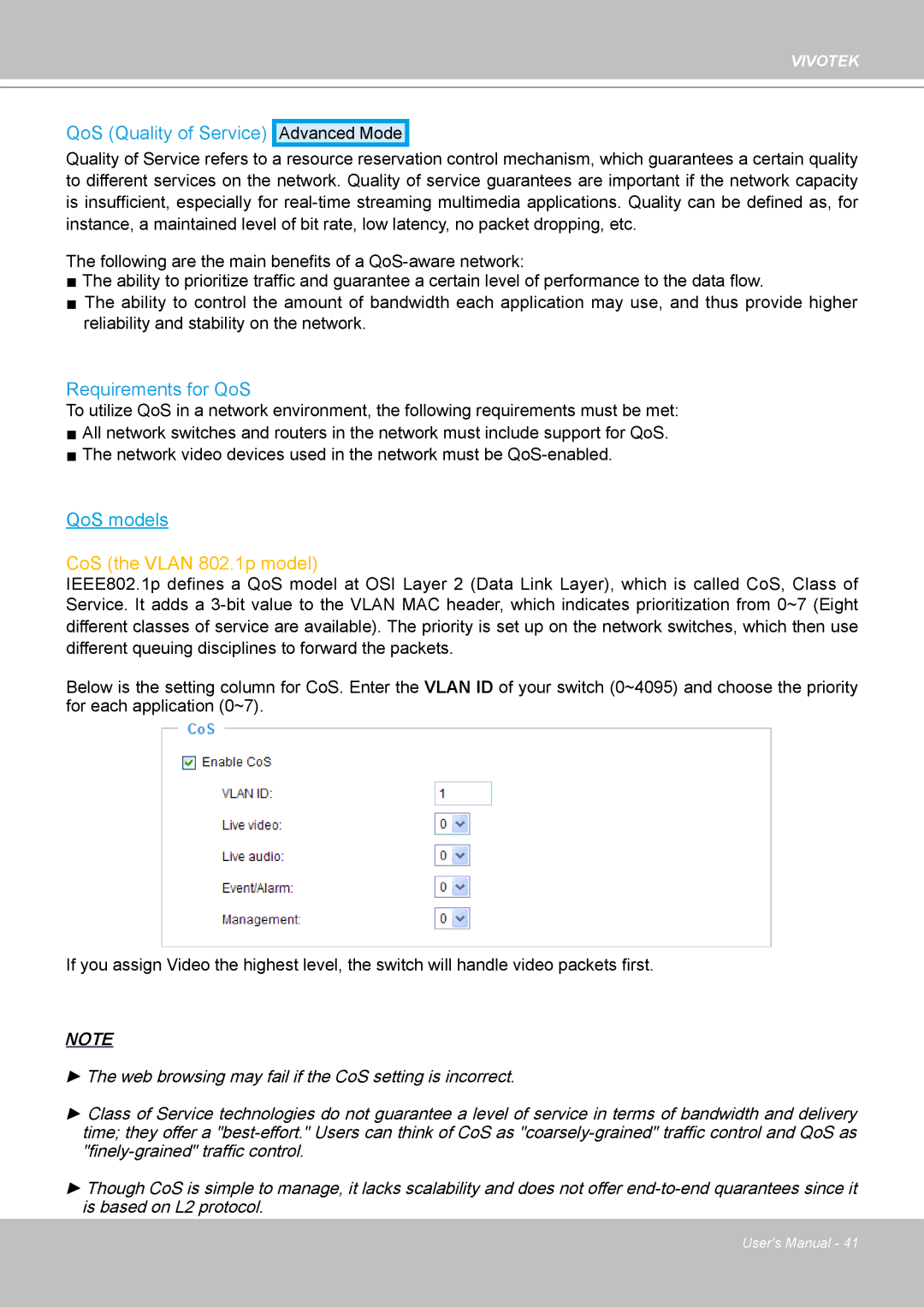 Vivotek IP7160 manual CoS the Vlan 802.1p model 