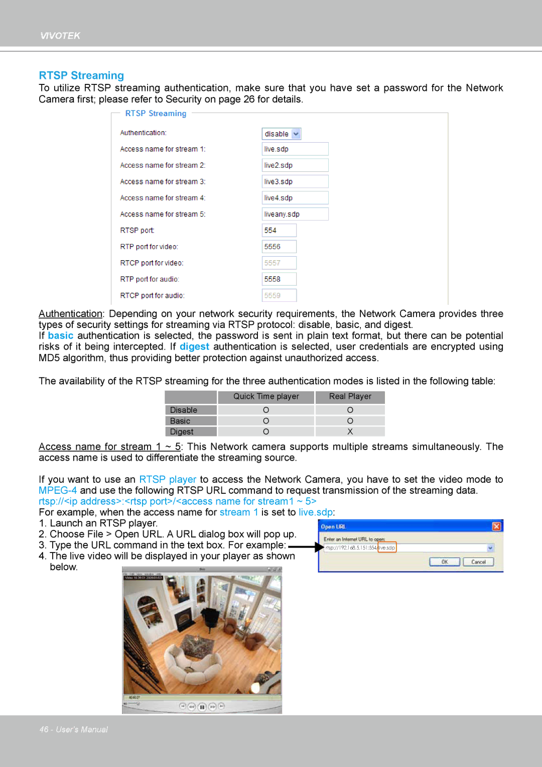 Vivotek IP7160 manual Rtsp Streaming 