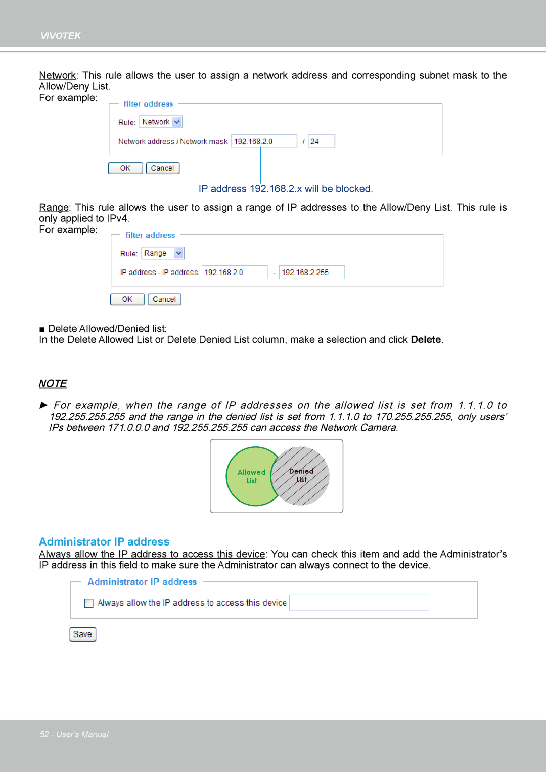 Vivotek IP7160 manual Administrator IP address, IP address 192.168.2.x will be blocked 