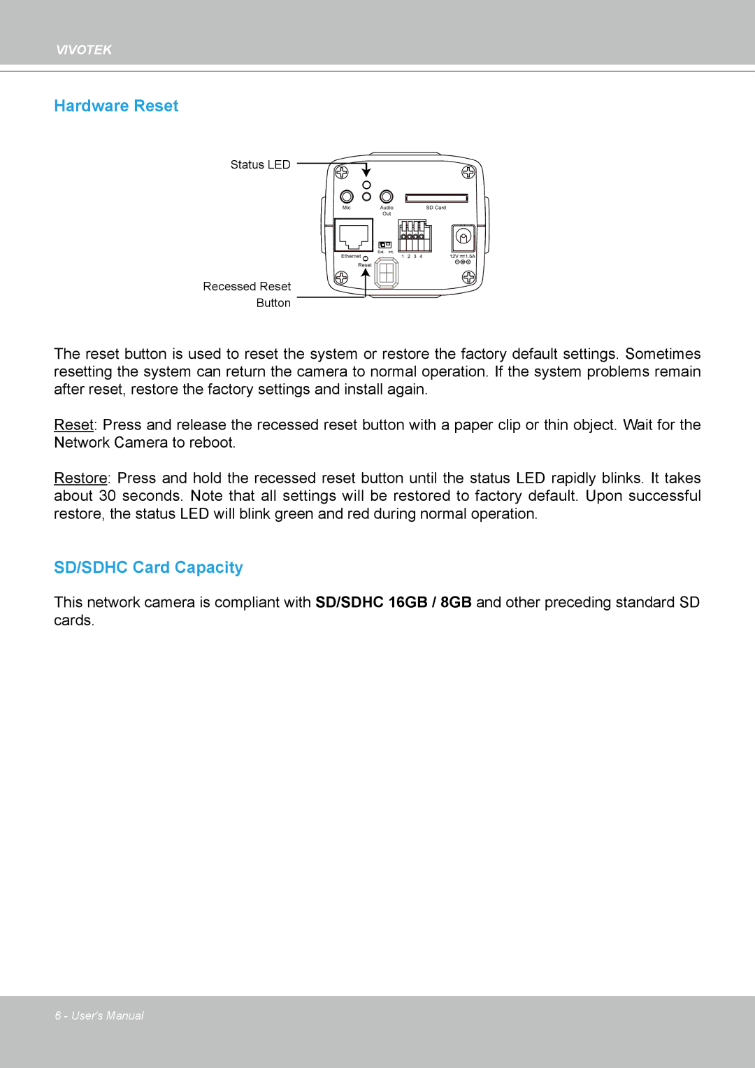 Vivotek IP7160 manual Hardware Reset 