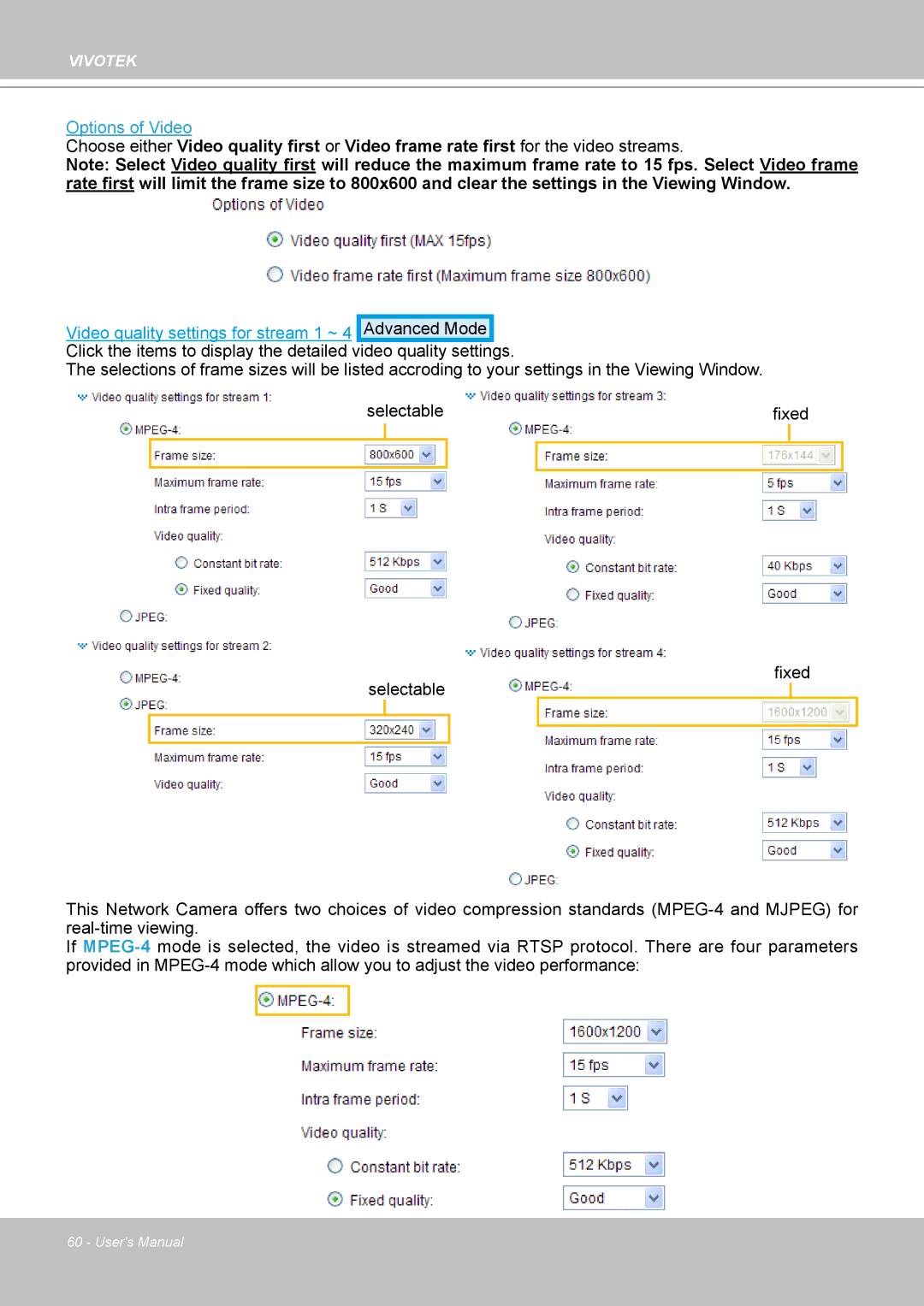 Vivotek IP7160 manual Options of Video 