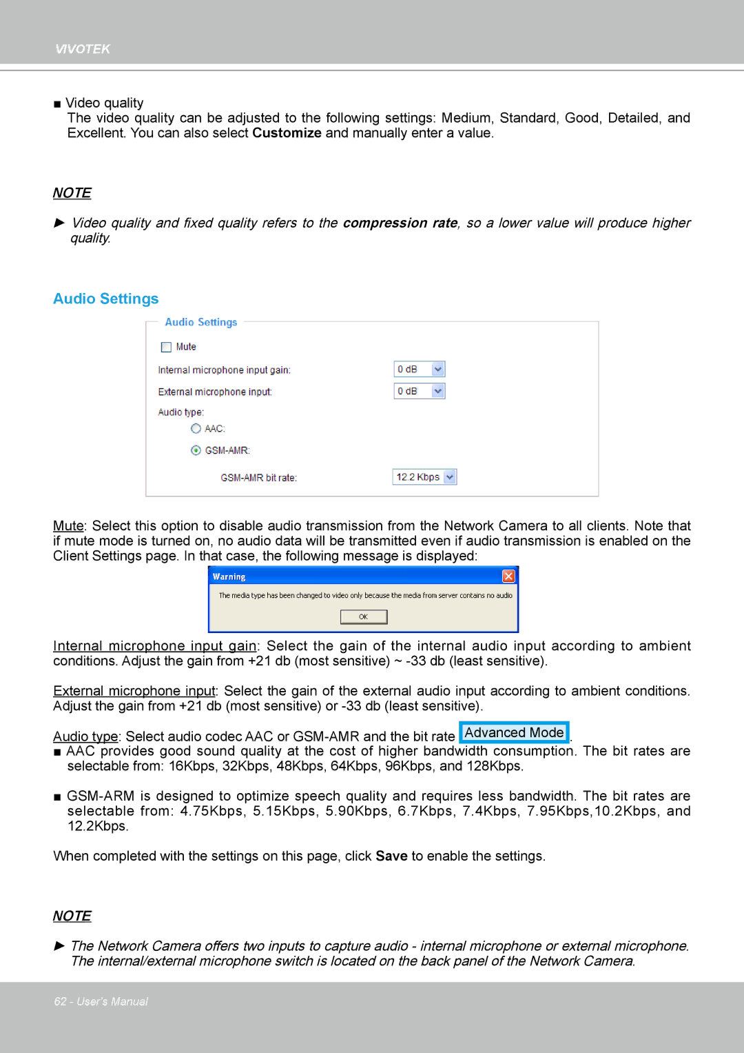 Vivotek IP7160 manual Audio Settings 