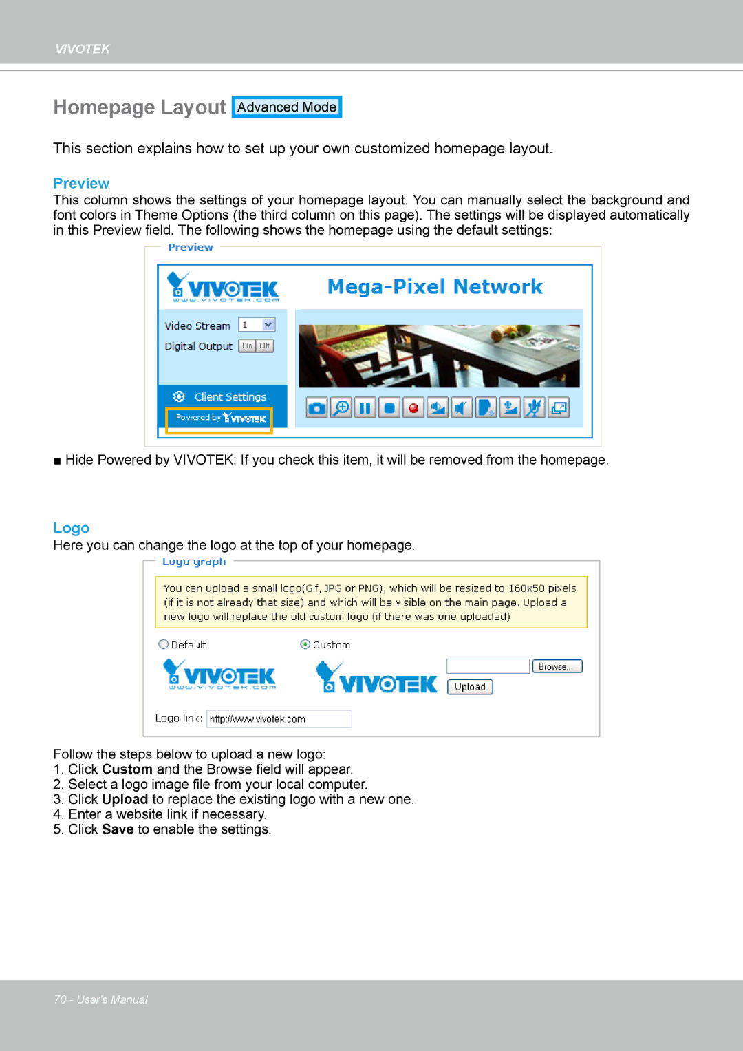 Vivotek IP7160 manual Homepage Layout, Preview, Logo 