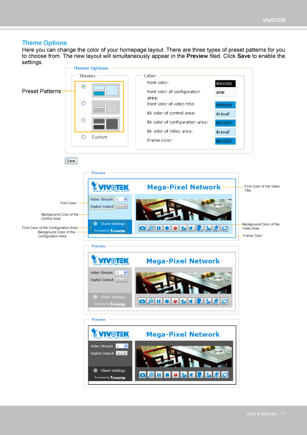 Vivotek IP7160 manual Theme Options 