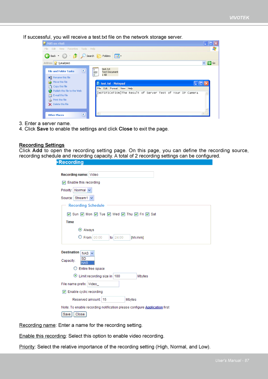 Vivotek IP7160 manual Recording Settings 