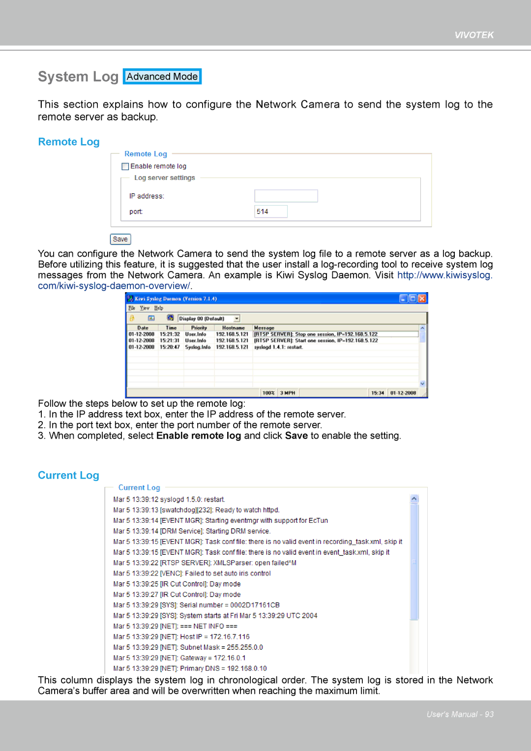 Vivotek IP7160 manual System Log, Remote Log, Current Log 