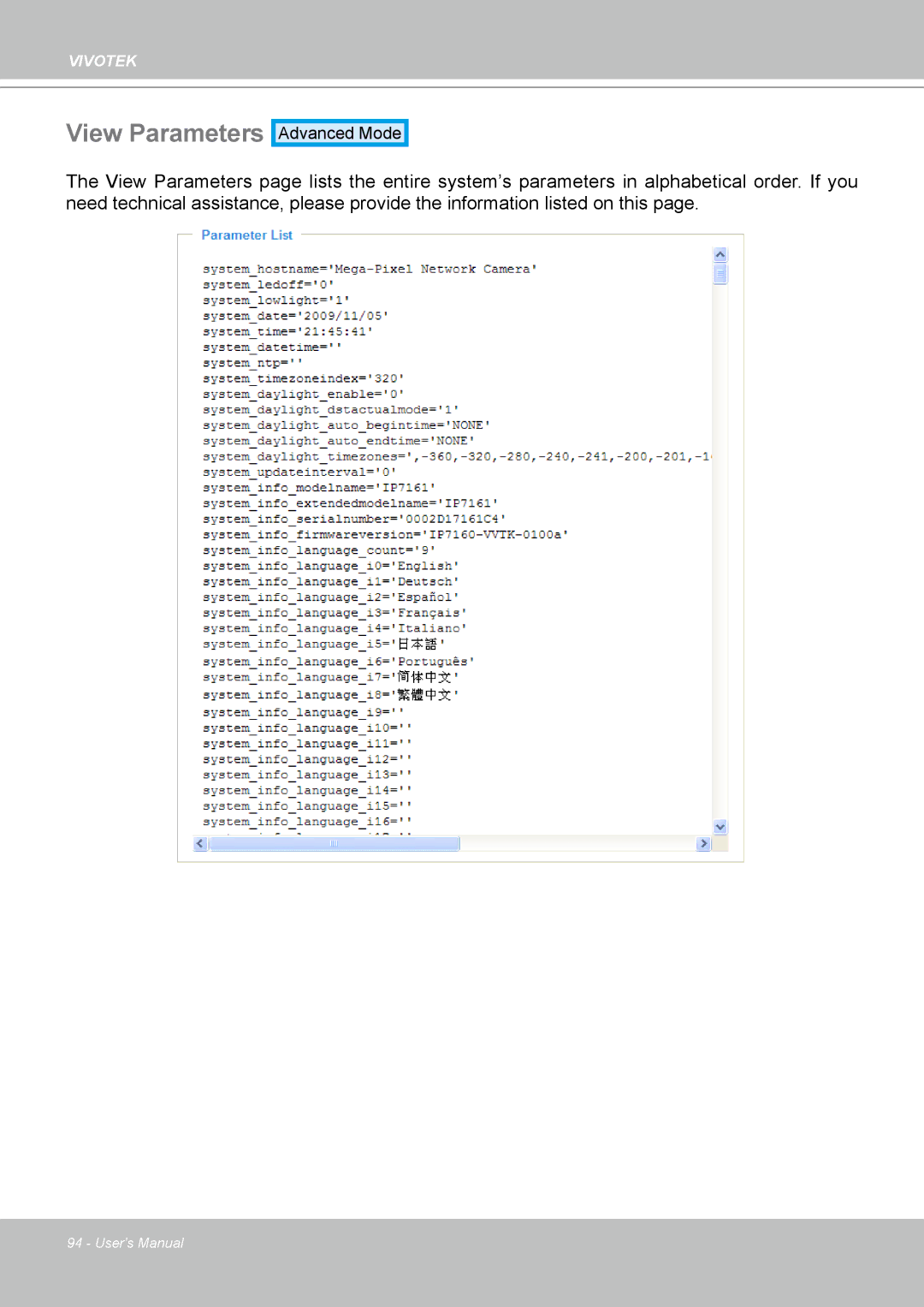 Vivotek IP7160 manual View Parameters 