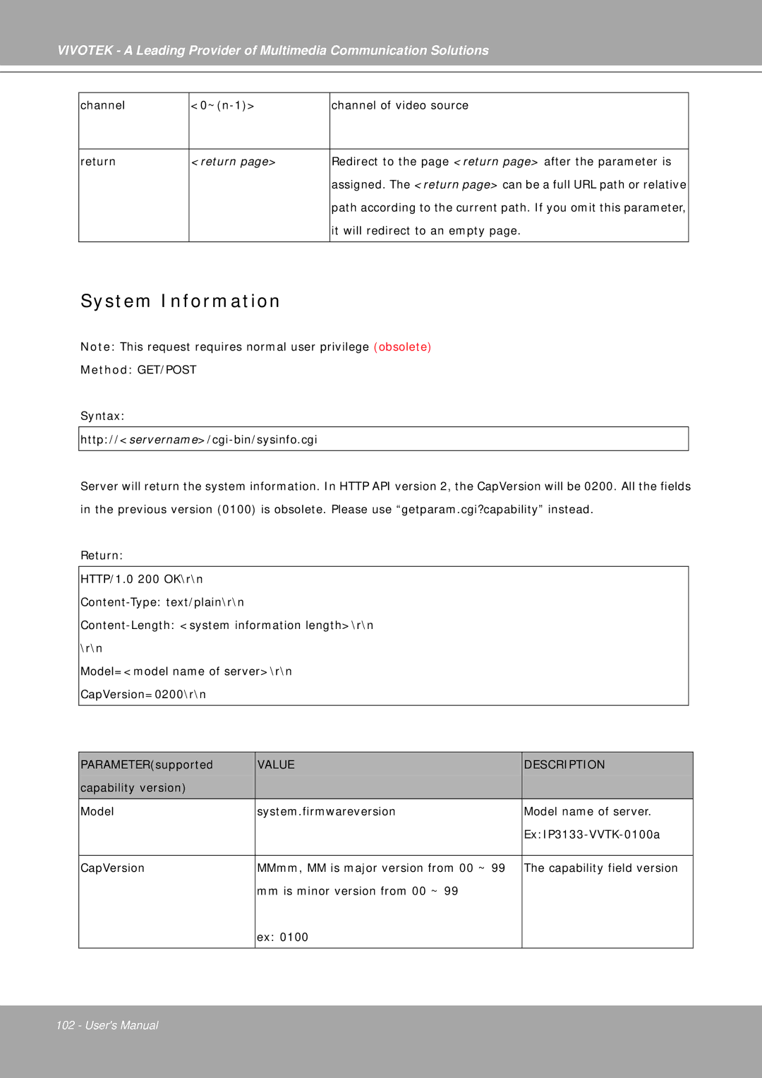 Vivotek IP7251 manual System Information, Value Description 