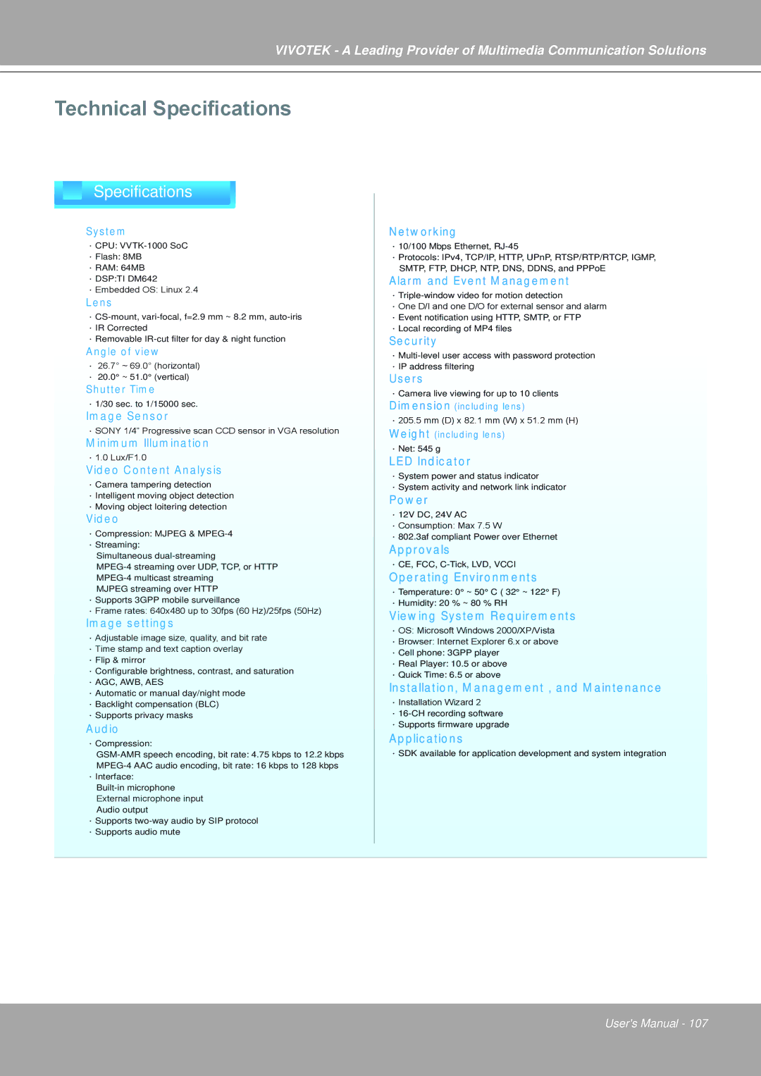 Vivotek IP7251 manual Technical Specifications 